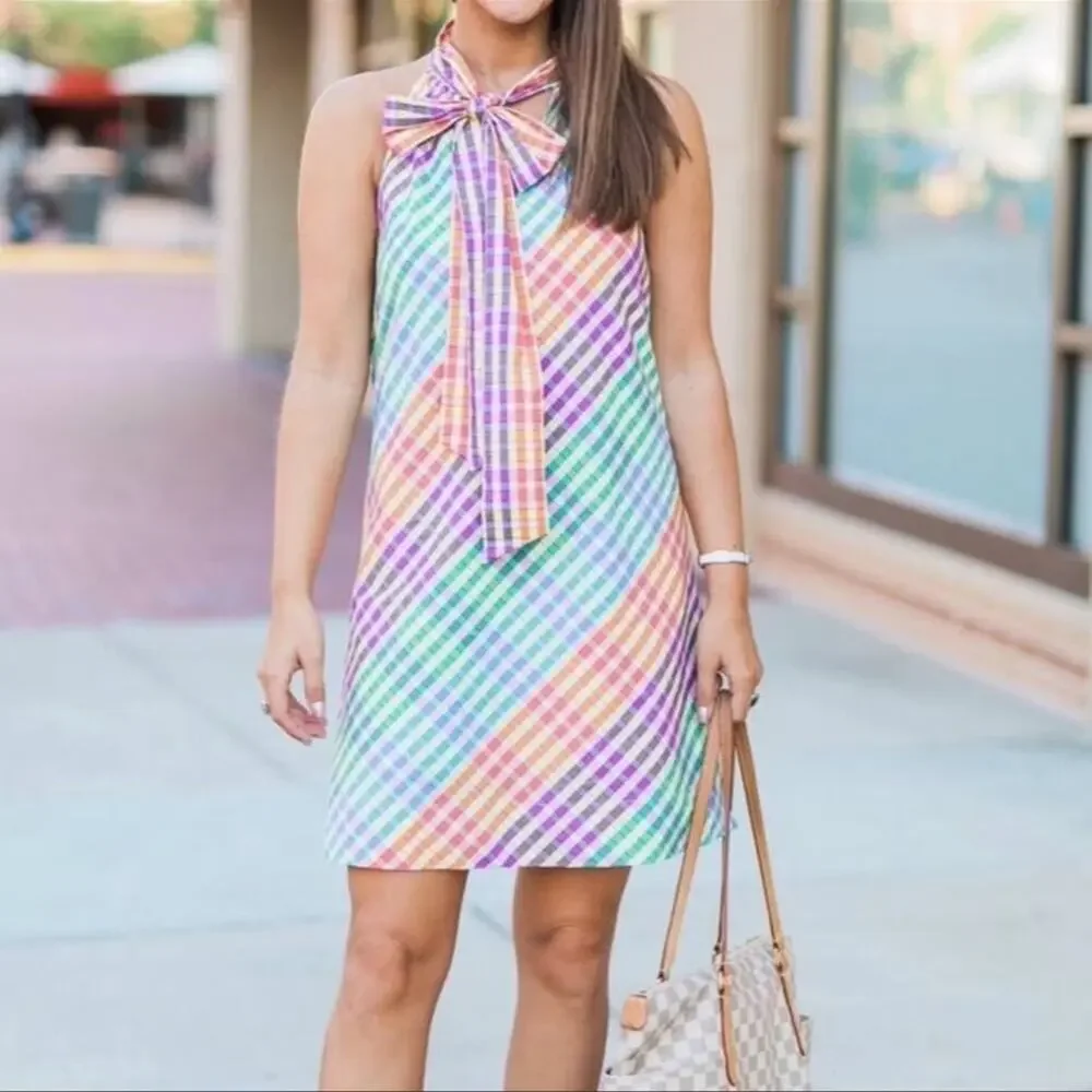 J. Crew Rainbow Gingham Plaid Tie Neck Mini Shift Dress Size Small New